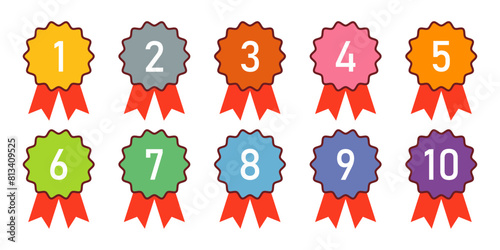 Ranking medal icon set. Award, logotype vector set in different color. Set of colored ranking medal badges, labels. Ranking medal icon set. 1st place to 10th place winning number template icon.