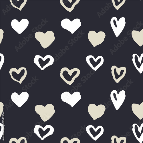 Monochrome dark blue and beige romantic seamless pattern with sketchy heart stripes. Vintage folk abstract background