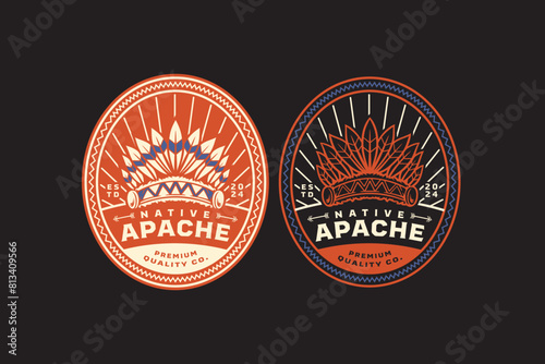 apache war bonnet indian hat badge logo design for native adventure and outdoor culture business