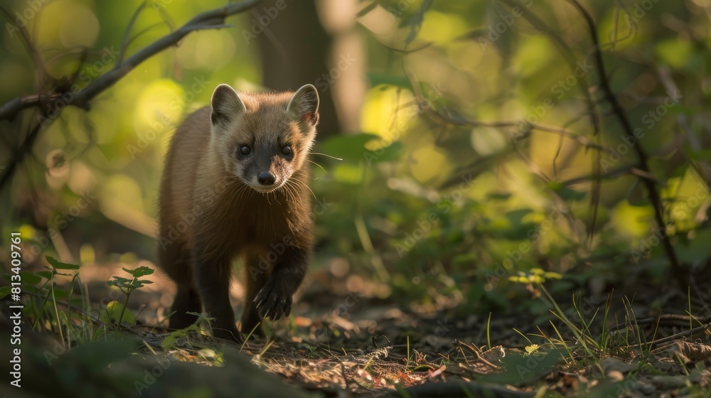 A small brown American Marten is seen walking through a dense forest, exploring its surroundings. The agile creature moves gracefully among the trees, blending in with its natural habitat. A small brown American Marten is seen walking through a dense forest, exploring its surroundings. The agile creature moves gracefully among the trees, blending in with its natural habitat.