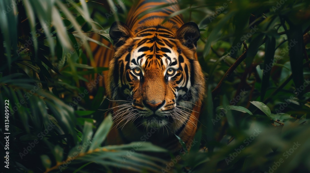 A Bengal tiger is prowling through a dense, vibrant green forest, its powerful stride gracefully navigating the lush foliage. The majestic predator blends seamlessly into its natural habitat as it mov