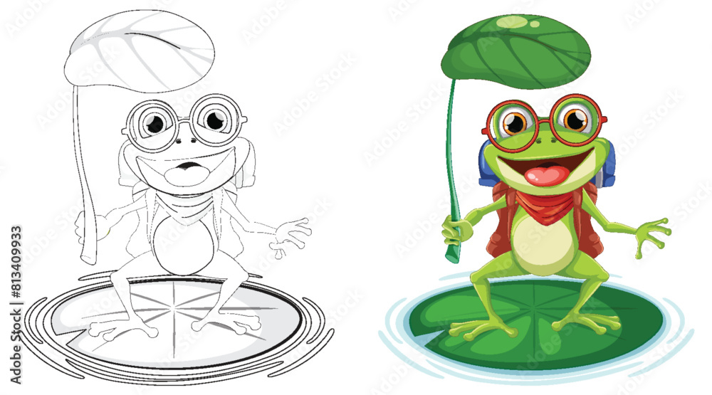 Obraz premium Colorful frog cartoon under a green umbrella