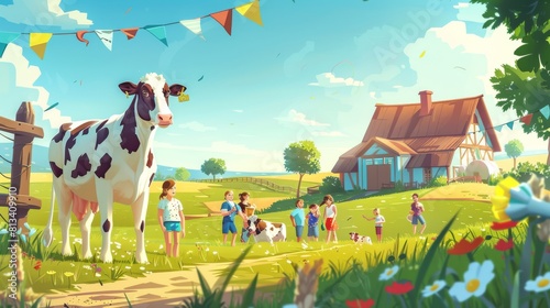 A cow is standing in a field with a group of children and dogs © ศิริธัญญา ตันสกุล