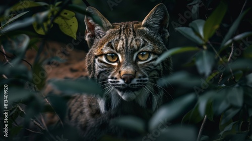 A close-up view of a bobcat stealthily standing on a tree branch. The cats fur is visible  and its eyes are focused ahead  blending into the foliage of the tree.