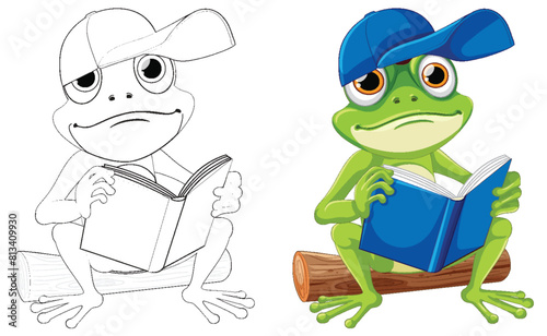 Colorful and black-and-white frog reading on log