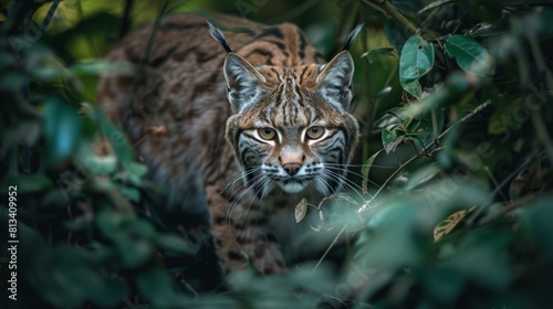 A cat is walking through the forest. The cat is brown and has a black nose