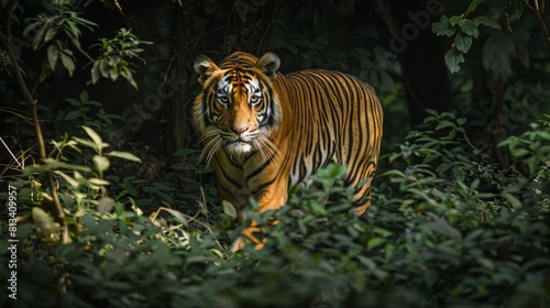 A Bengal tiger is seen prowling through a dense  green forest. The tigers majestic stride is noticeable against the backdrop of vibrant foliage.