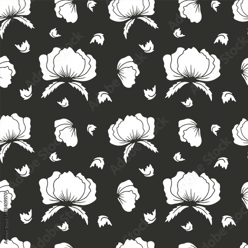 Seamless pattern with abstract poppy flowers white silhouettes on black background