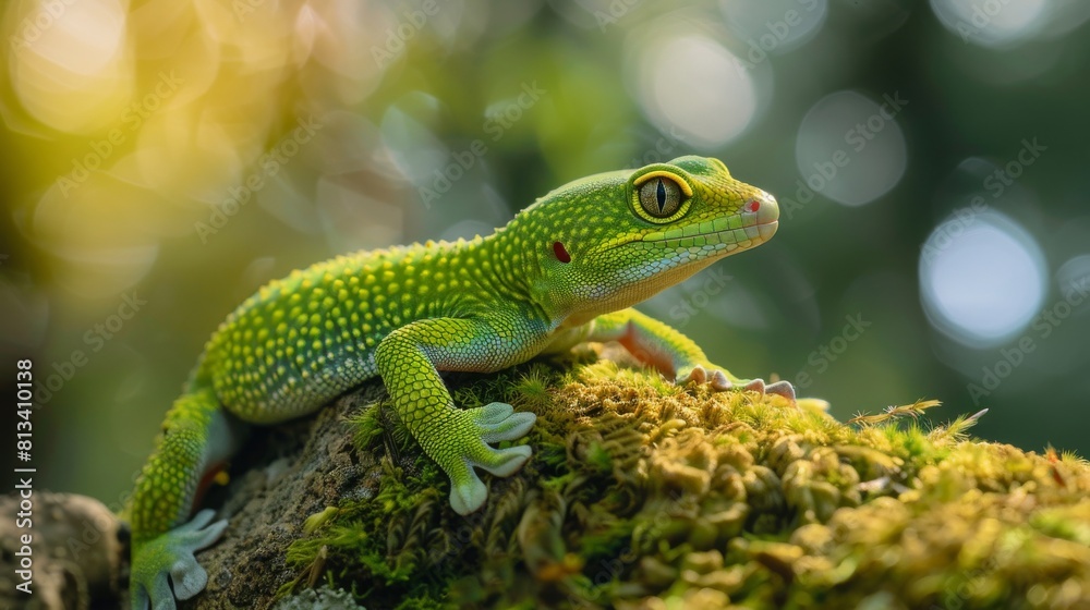Fototapeta premium A green lizard is sitting on a mossy log. The lizard is small and has a bright green color