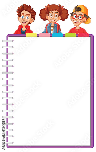 Three cheerful kids peeking over a blank notebook