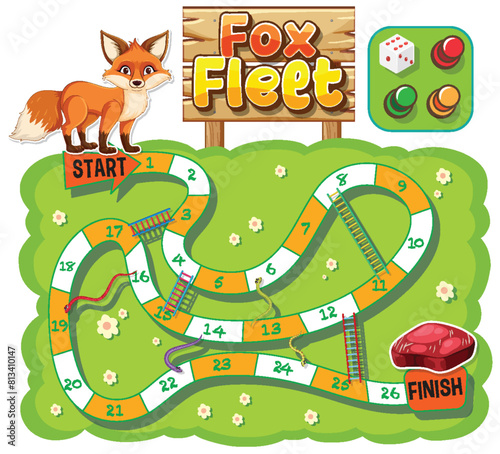 Colorful children's board game with fox and dice