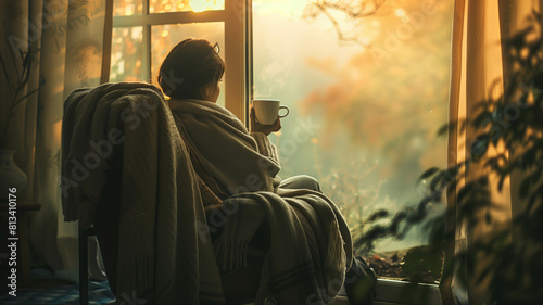 A woman holding a cup of coffee, sitting by a window in a sunlit room, cozy and intimate. Ai generated