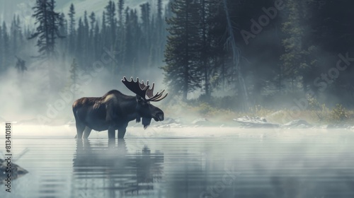 A moose is depicted standing still in the middle of a lake  surrounded by water. The moose appears to be alert and observing its surroundings.