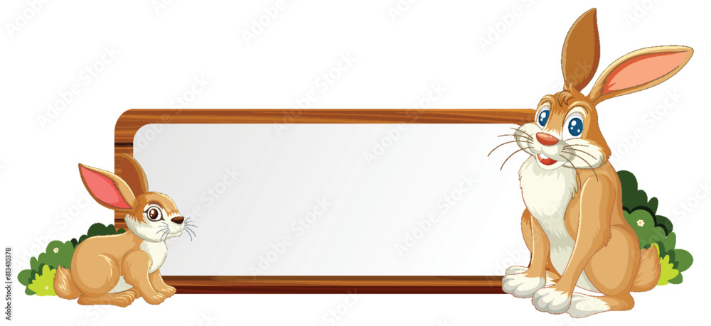 Obraz premium Two cartoon rabbits beside an empty banner