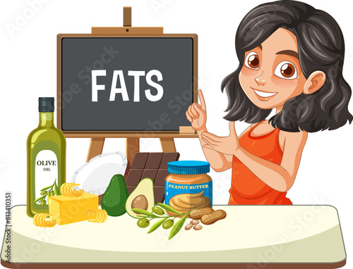 Woman teaching about healthy fats with food items