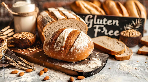 Sliced artisan gluten-free bread on a rustic wooden board surrounded by scattered flour and grains, with a gluten-free sign. © Karen