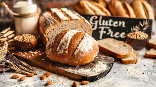 Sliced artisan gluten-free bread on a rustic wooden board surrounded by scattered flour and grains, with a gluten-free sign.