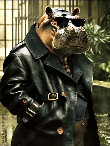 Hippo Detective Character in Leather Jacket