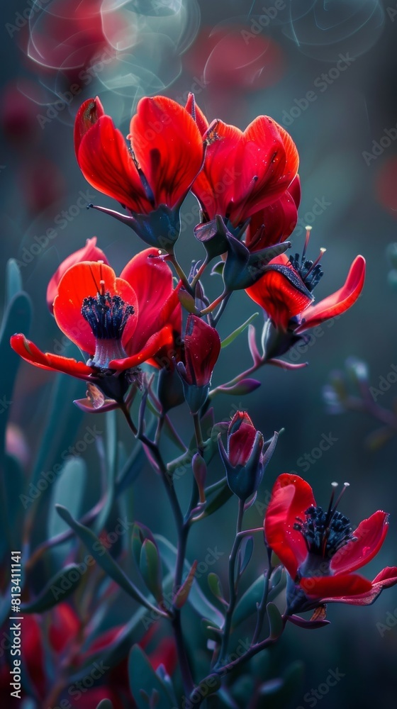 A cluster of striking red flowers adorns a lush green plant, standing out against the vibrant backdrop. The flowers are in full bloom, adding a pop of color to their surroundings. A cluster of striking red flowers adorns a lush green plant, standing out against the vibrant backdrop. The flowers are in full bloom, adding a pop of color to their surroundings.