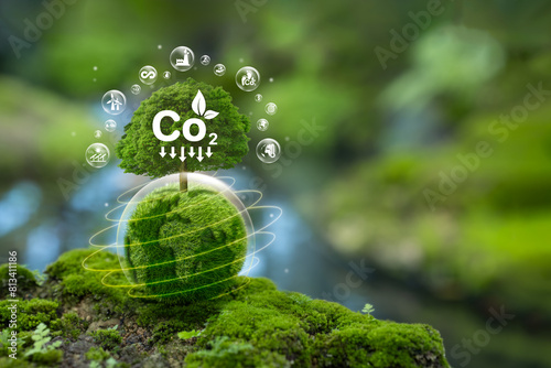 carbon neutral concept Net zero greenhouse gas emissions target Green globe with trees for greenhouse gas emissions with neutral carbon icon