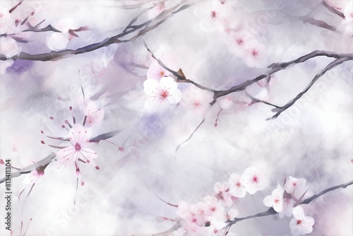 Cherry blossoms delicately dispersed along dark, twisting branches background seamless pattern.