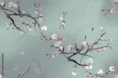 Blossoms and branches, rendered in soft white and hints of pink against a muted gray background seamless pattern.