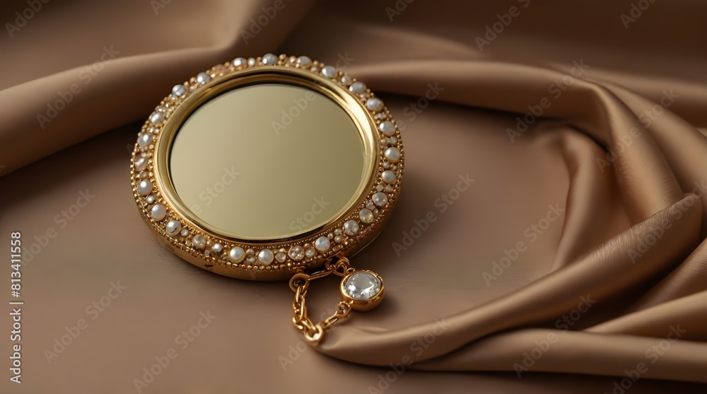 Stylish golden bijouterie and mirror on light brown.generative.ai Stylish golden bijouterie and mirror on light brown.generative.ai