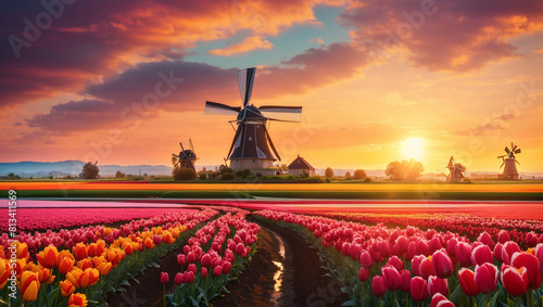 shows a field of tulips in the Netherlands
