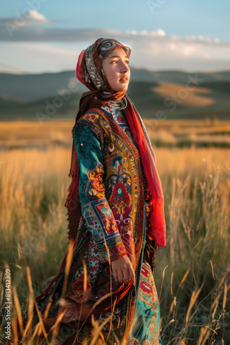 A young Kazakh woman  her attire a tapestry of tradition