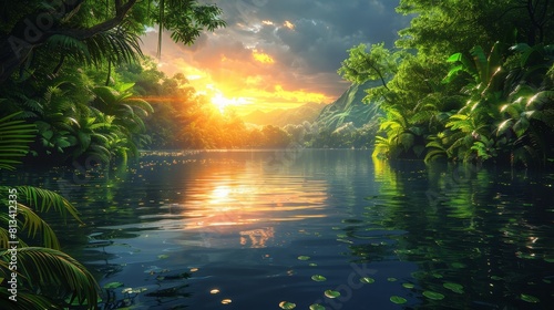 A beautiful forest with a river and a sunset in the background