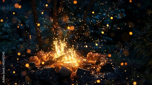 Burning logs crackling in a fire pit, sending sparks flying into the night, perfect for a cozy fire wallpaper. photo