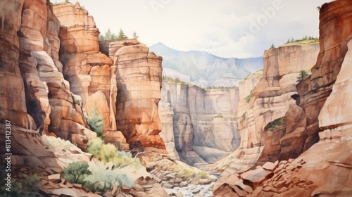 Generative AI A majestic canyon with layered rock formations. landscape watercolor