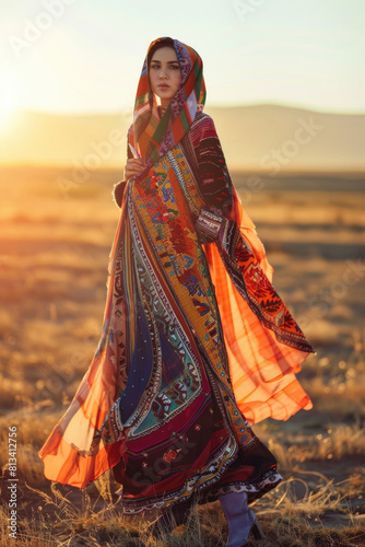 A young Kazakh woman, her attire a tapestry of tradition photo
