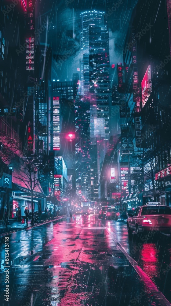 Obraz premium The city street is illuminated by the glow of streetlights and car headlights as numerous vehicles navigate through heavy traffic. The scene is bustling and filled with movement as cars and buses jost