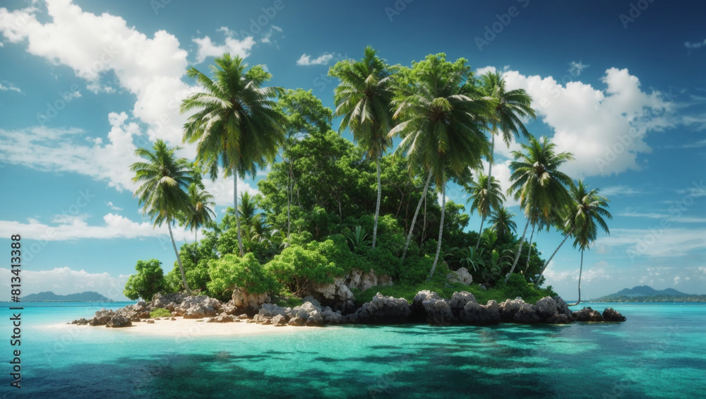 Obraz premium small tropical island with green palm trees and white sand surrounded