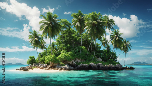  small tropical island with green palm trees and white sand surrounded