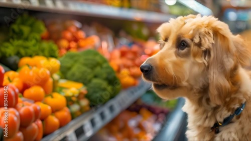Dog shopping for healthy food in petfriendly grocery store with colorful veggies. Concept Pet Nutrition, Healthy Eating for Dogs, Pet-Friendly Stores, Colorful Vegetables, Shopping for Pets photo
