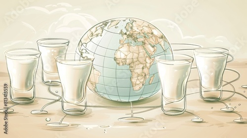 A drawing of a globe with six glasses of milk around it photo