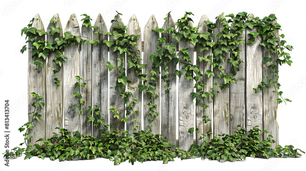 old wooden fence overgrown with a weaving green ivy leaves, isolated on transparent background old wooden fence overgrown with a weaving green ivy leaves, isolated on transparent background
