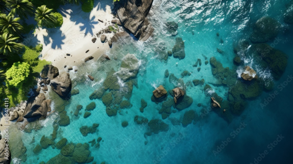 Fototapeta premium Generative AI Drone's-eye view offering a glimpse of a picturesque island cluster boasting swaying palms, hidden lagoons, and vibrant marine ecosystems thriving in the clear waters. photorealistic