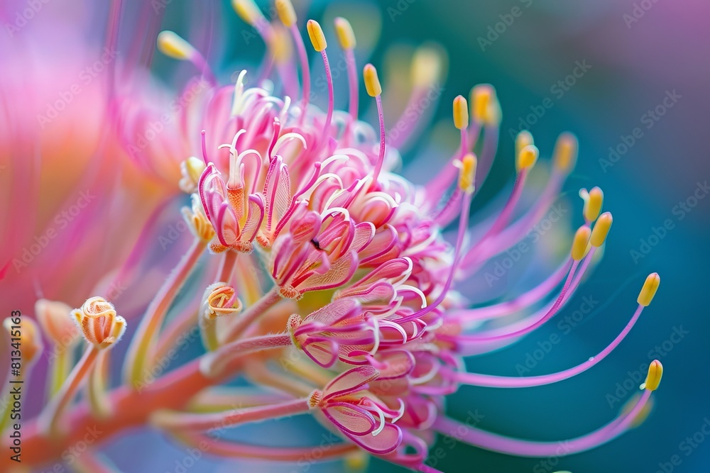 Fototapeta premium A detailed view of a pink Grevillea flower, showcasing its delicate petals and prominent yellow stamen in vivid colors.