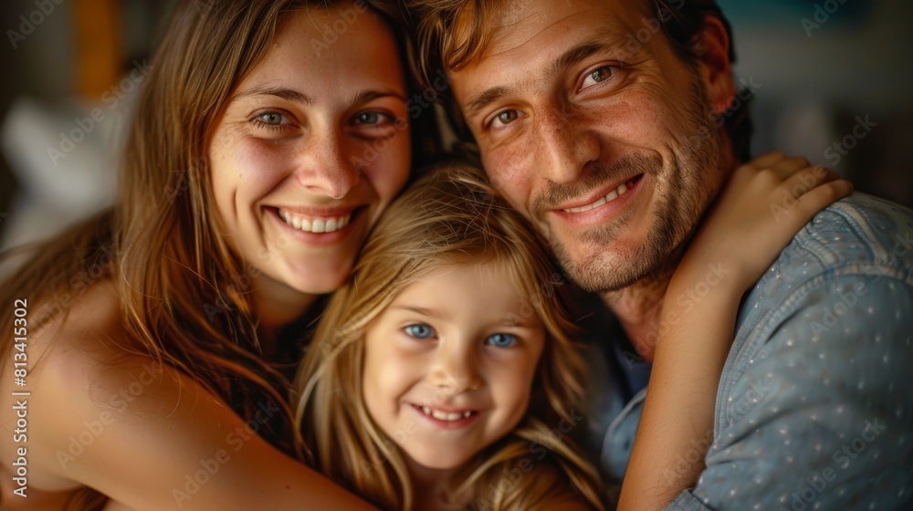 A family of three, a man and two girls, are hugging each other. The man is wearing a blue shirt and the girls are wearing dresses. They are all smiling and seem happy A family of three, a man and two girls, are hugging each other. The man is wearing a blue shirt and the girls are wearing dresses. They are all smiling and seem happy