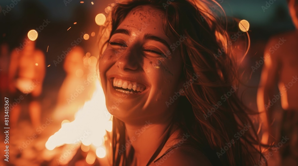 A woman with a big smile on her face stands in front of a string of lights at a fun event. Her eyes are full of happiness as she poses for flash photography AIG50
