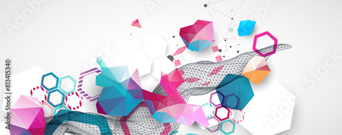 Abstract wave with colorful hexagons and plexus effect. Scientific and technological background. Vector.