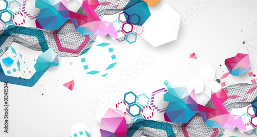 Abstract wave with colorful hexagons and plexus effect. Scientific and technological background. Vector.
