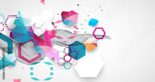 Abstract wave with colorful hexagons and plexus effect. Scientific and technological background. Vector.