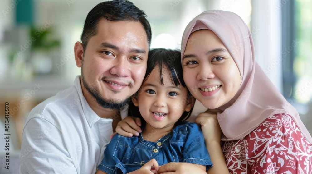 A man and woman are posing for a picture with a child. They stand close, smiling at the camera, creating a warm family portrait. The child looks happy and relaxed, adding joy to the scene. A man and woman are posing for a picture with a child. They stand close, smiling at the camera, creating a warm family portrait. The child looks happy and relaxed, adding joy to the scene.