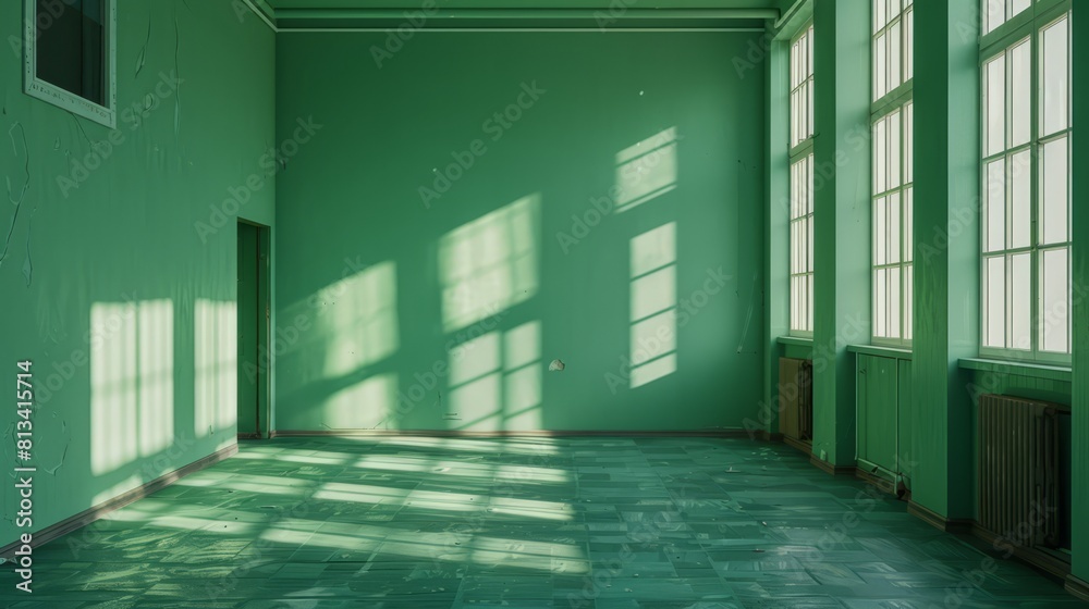 Modern residential, hotel, and homestay interior spaces:a green empty room with windows