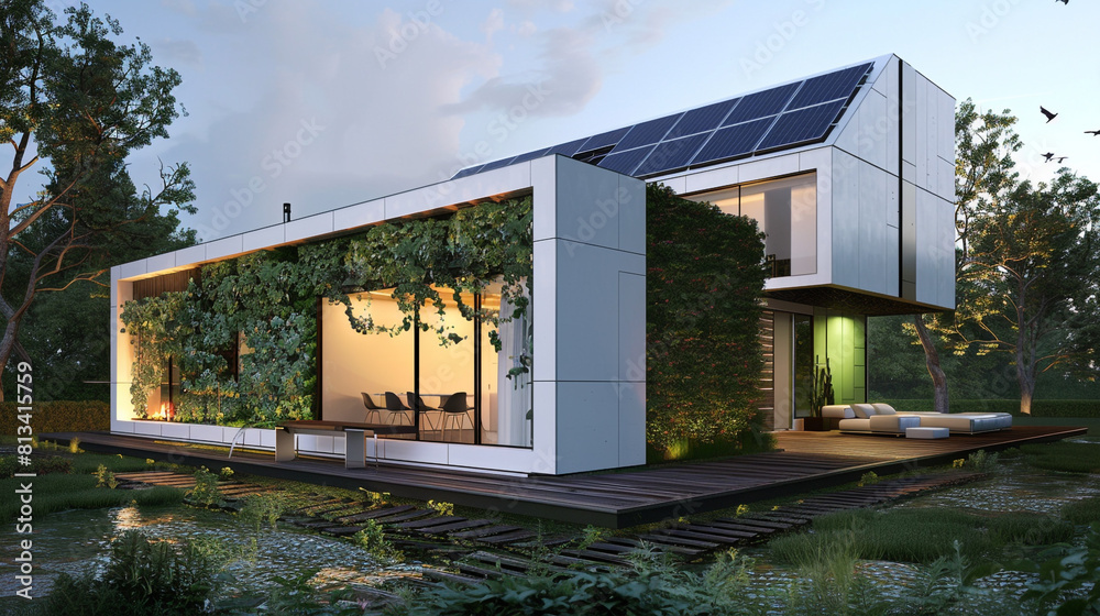 Minimalist cubic house with a fully sustainable design, solar panels and a green wall. Minimalist cubic house with a fully sustainable design, solar panels and a green wall.