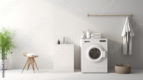 Generative AI A serene white room with a wall-mounted washing machine, emphasizing simplicity and functionality © vadosloginov
